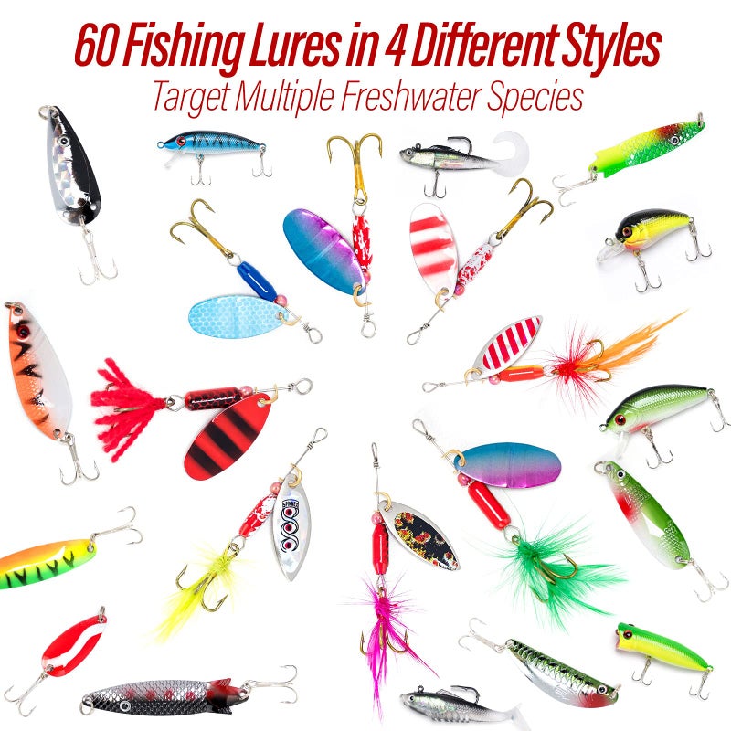 Dr.Fish 60 Pieces Fishing Lures, 5 Tackle Box with Tackle Included, Trout Lures Rooster Tail Spinner Baits Soft Baits Fishing Lures for Freshwater Saltwater Crappie Walleye Bass Lures Kit - Image 2